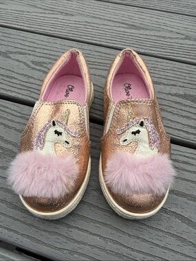 Girls Rose Gold Unicorn Slip-On Sneakers with Pink Pom